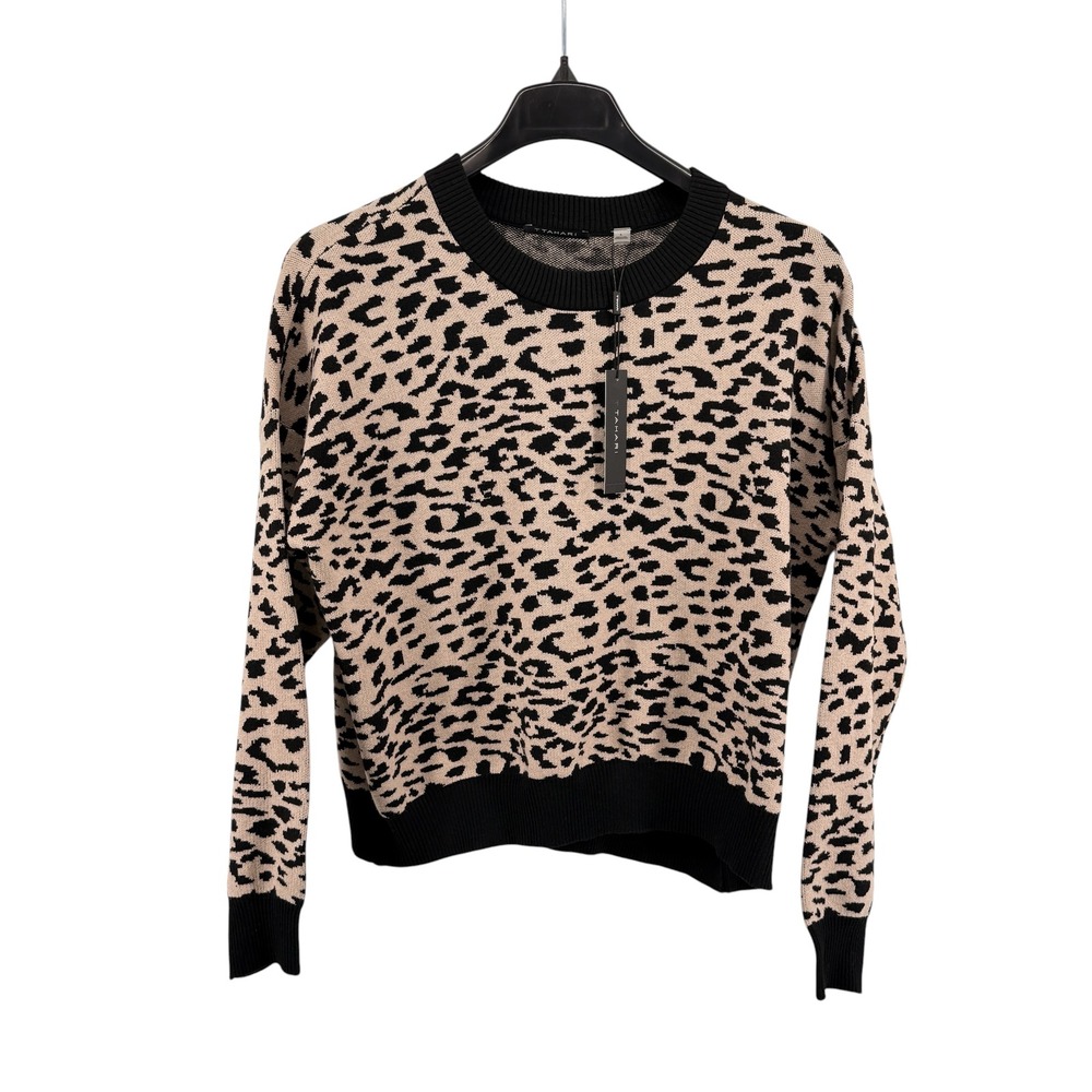 NEW‎ T Tahari Cheetah Print Sweater Womens Large Sweater Black Tan Animal Safari